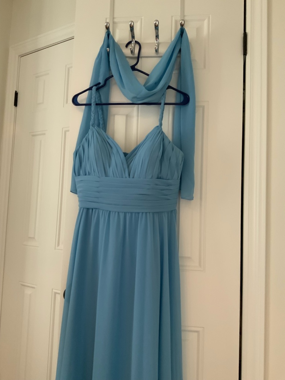 Mori Lee Light Blue Chiffon Pleated V-Neck Prom Dress with Shawl